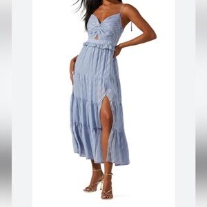 ASTR the Label Womens Dusty Blue Jacquard Tiered Midi Dress Size Small